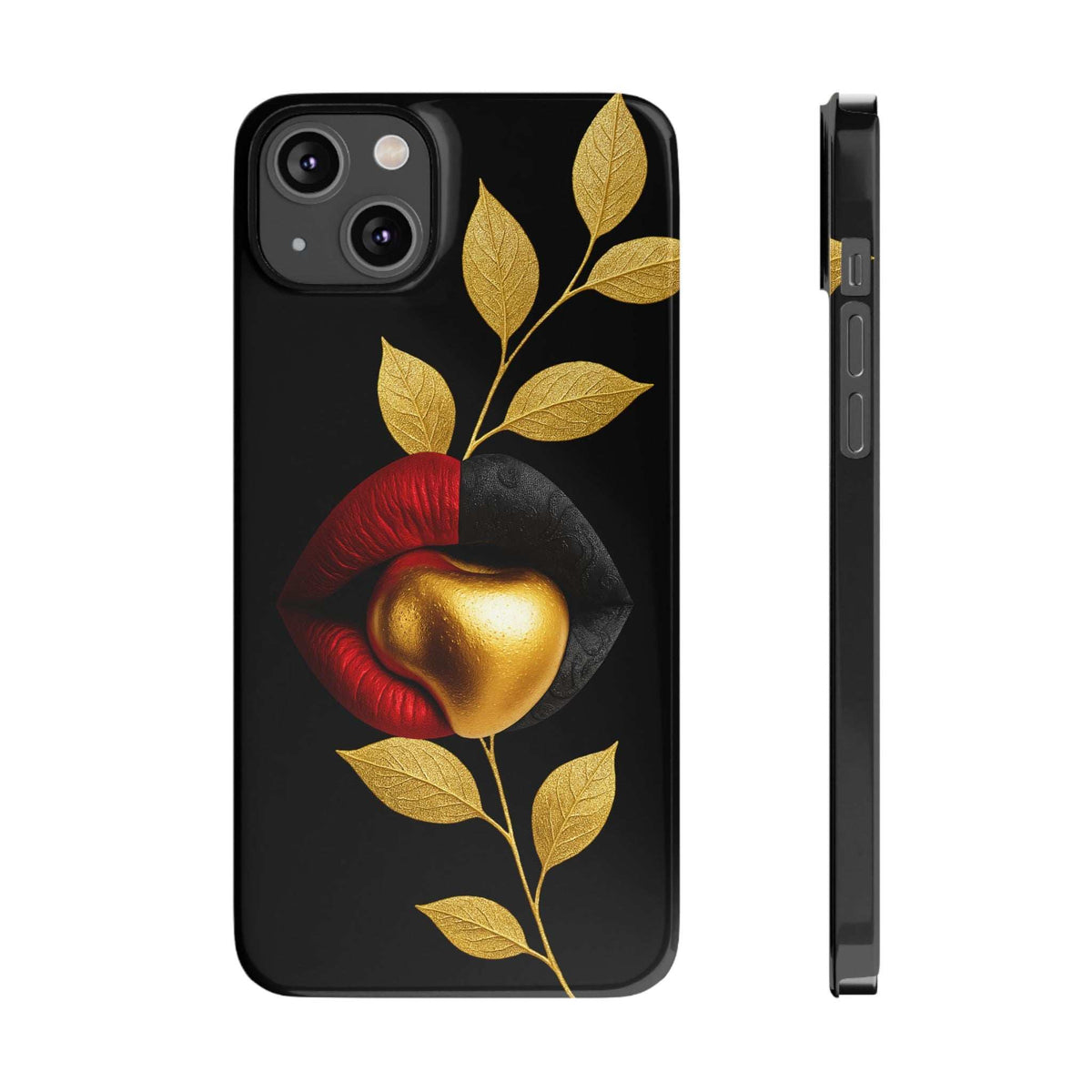 Black iPhone phone case with gold leaf and red-and-gold apple artwork, side view
