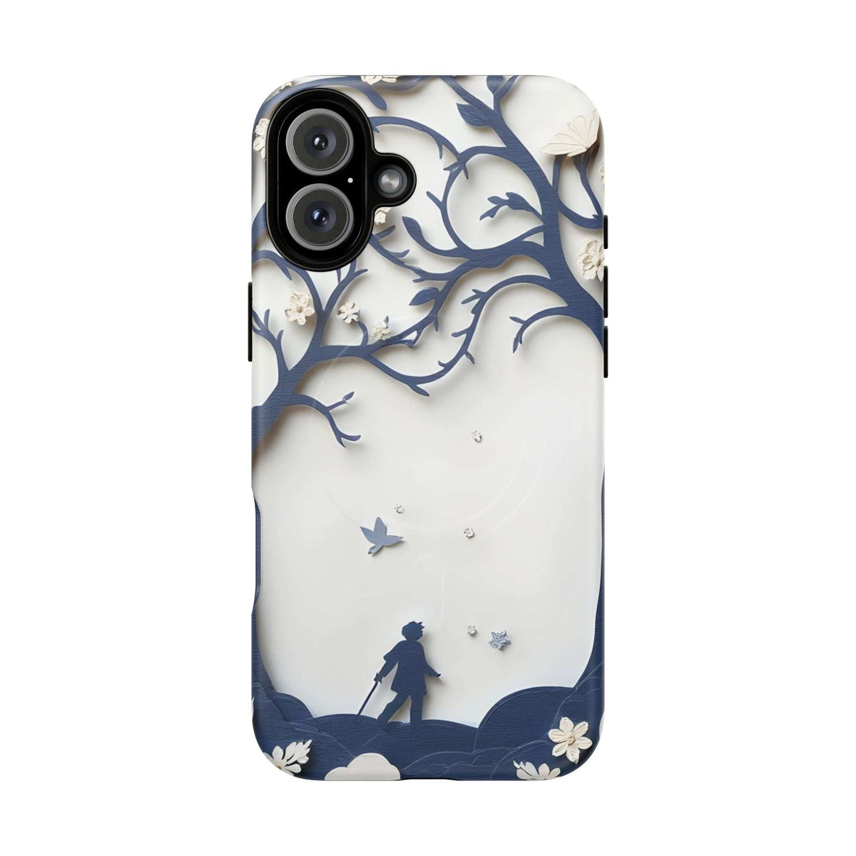 Nature silhouette phone case for iPhone 13-17 with blue branches, birds, and flower accents