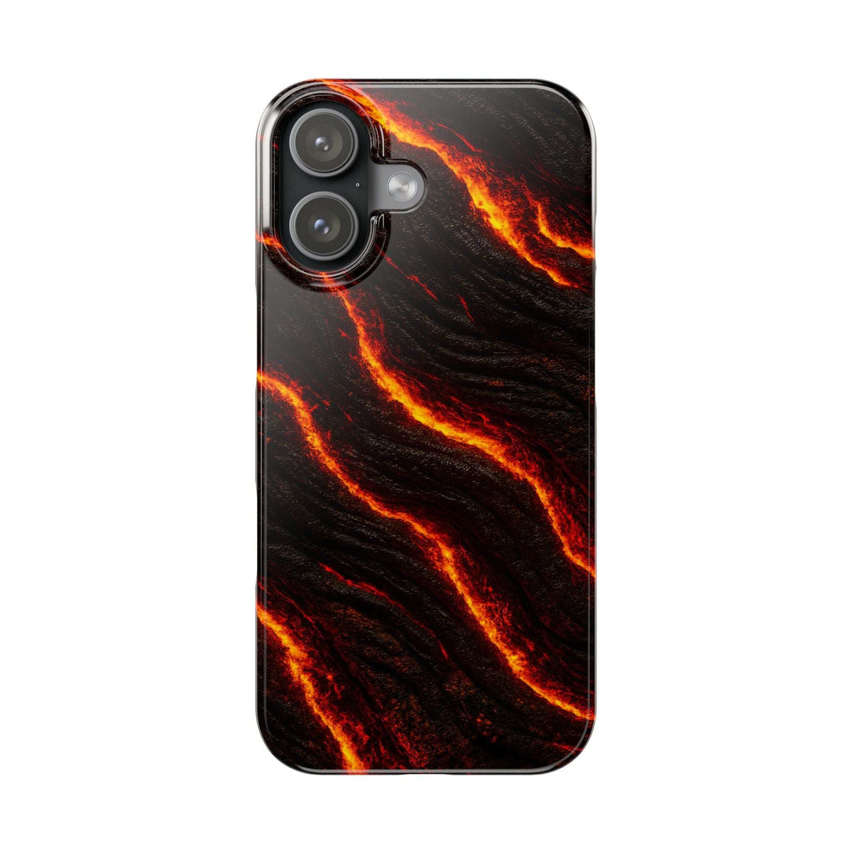 Clear-edged black lava phone case with orange glowing swirls and camera cutouts.