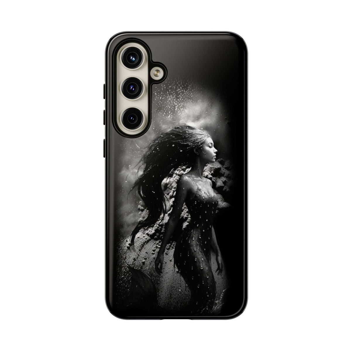 Monochrome mermaid phone case with black back and raised camera cutouts, front view only