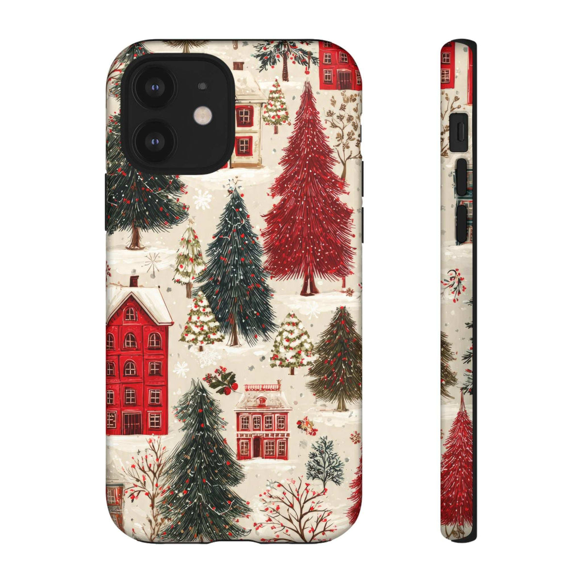 Winter village phone case featuring red buildings and pine trees, black camera cutout, back view
