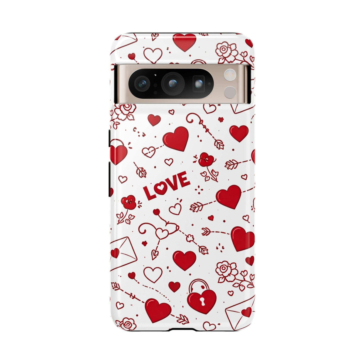 White phone case with red hearts, flowers, and LOVE text; centered rear camera cutout