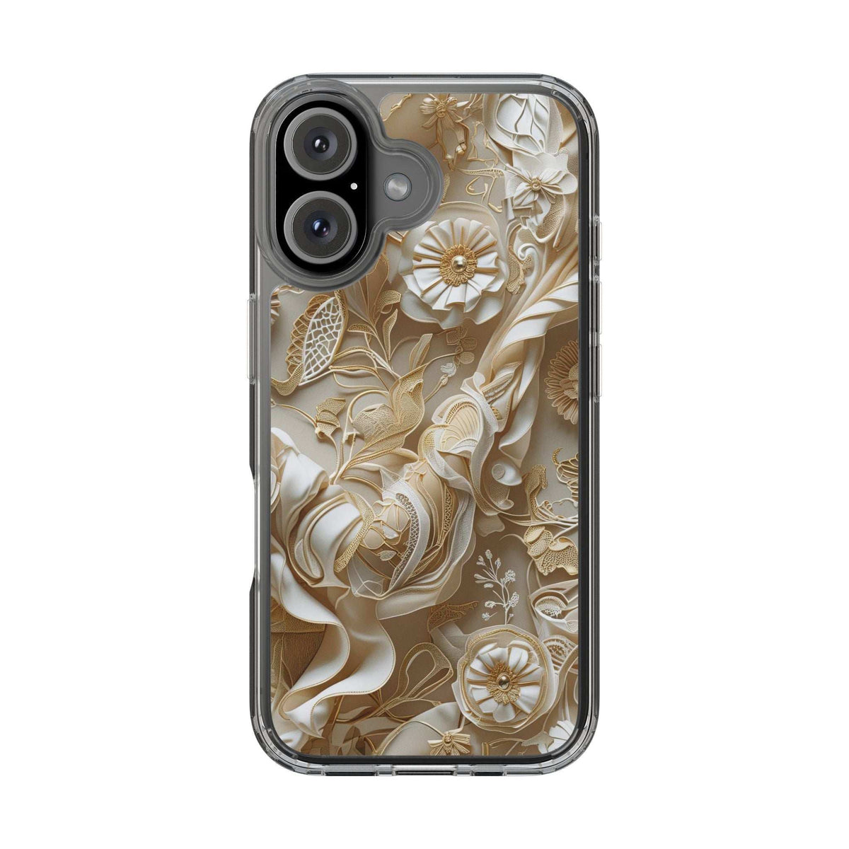 Clear phone case with gold floral pattern, back view with dark device behind