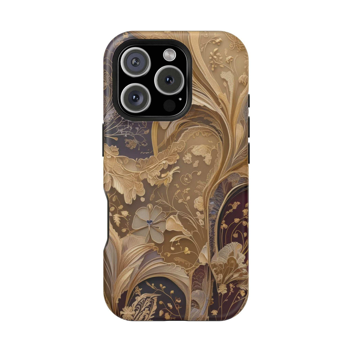 Botanical luxury phone case with gold-toned floral and butterfly design, raised camera opening