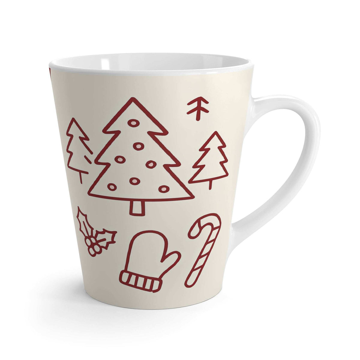 Latte mug with white background and red holiday icons: trees, mittens, stocking