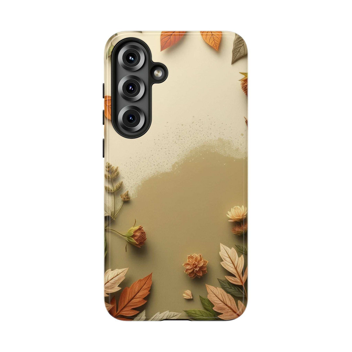 Beige autumn leaves phone case with multicolor fall flowers and leaf accents.