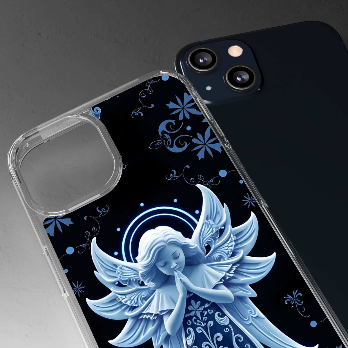 Clear phone case with blue angel prayer design, neon halo circle, and floral details