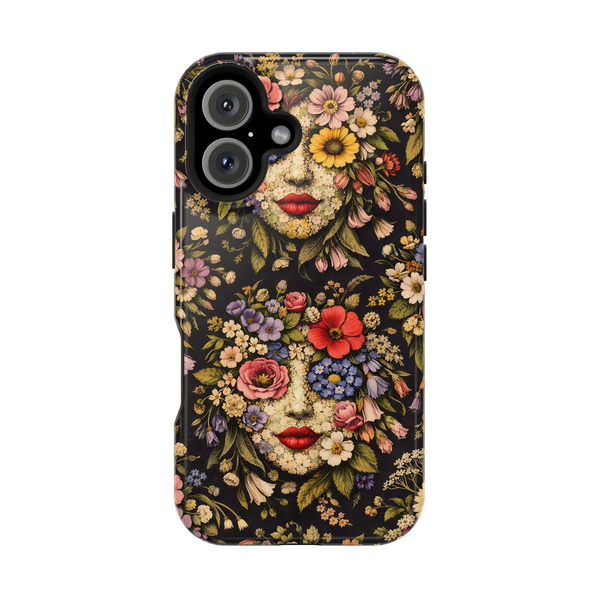 Smartphone case with vintage floral face motif, red lips, and assorted flowers; camera lens openings