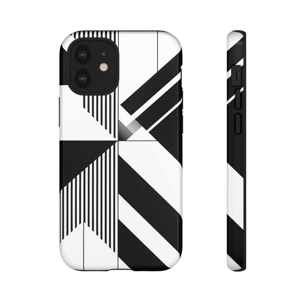 Monochrome tough phone case, black-and-white geometric stripe design on front and slim side profile