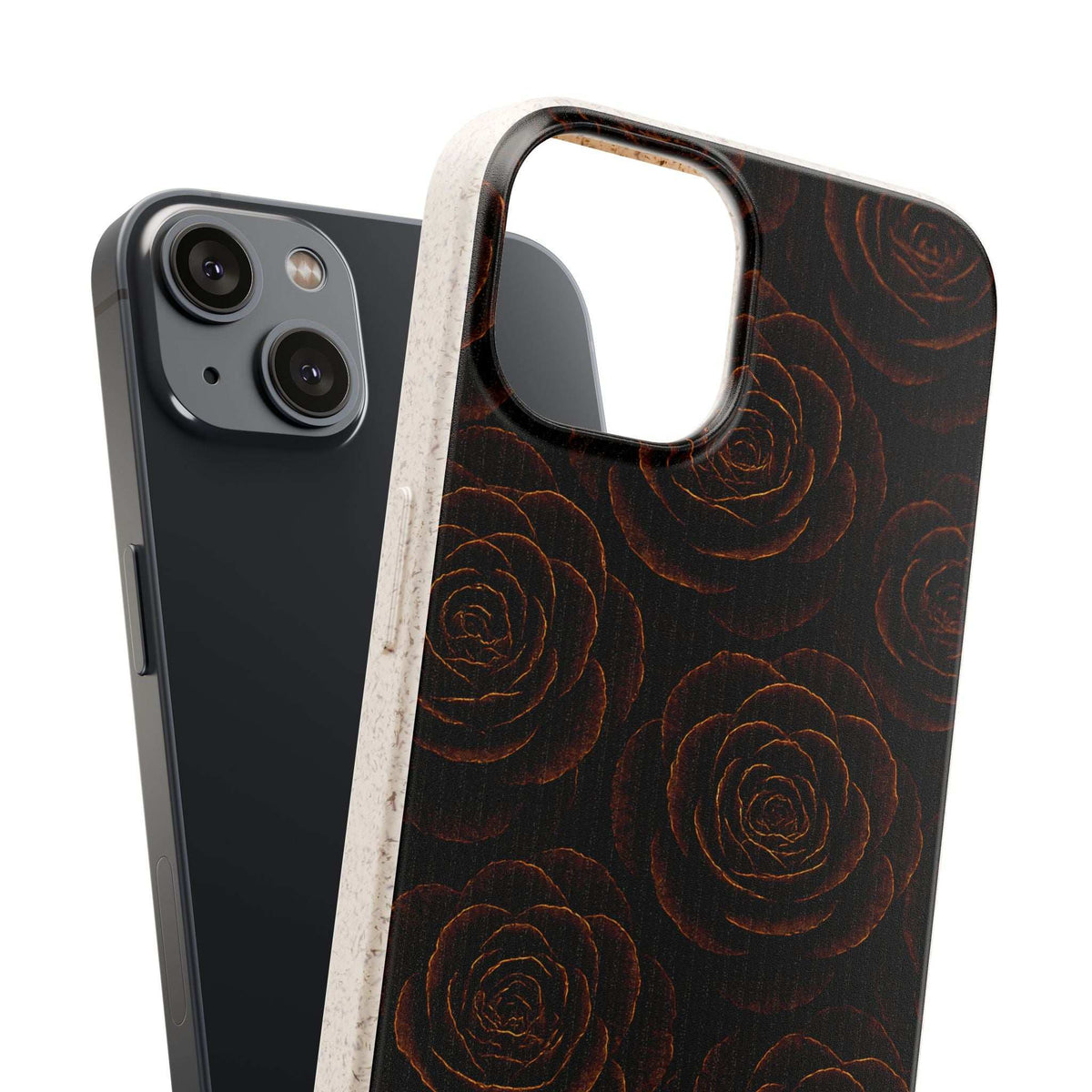 Wood-look rose phone case with camera and lens cutouts on dark backing