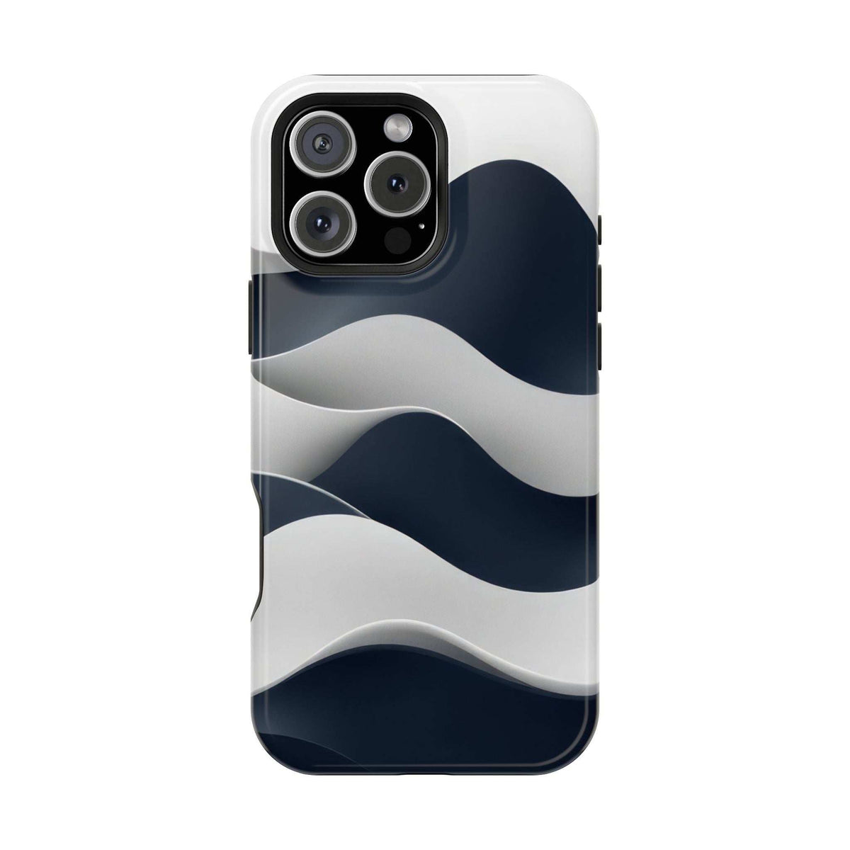 Glossy phone case with wavy blue and white stripes, visible camera lenses and flash