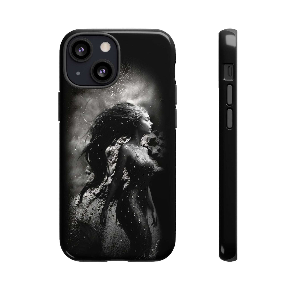 Black phone case with monochrome mermaid artwork; front view with camera cutouts and flash hole