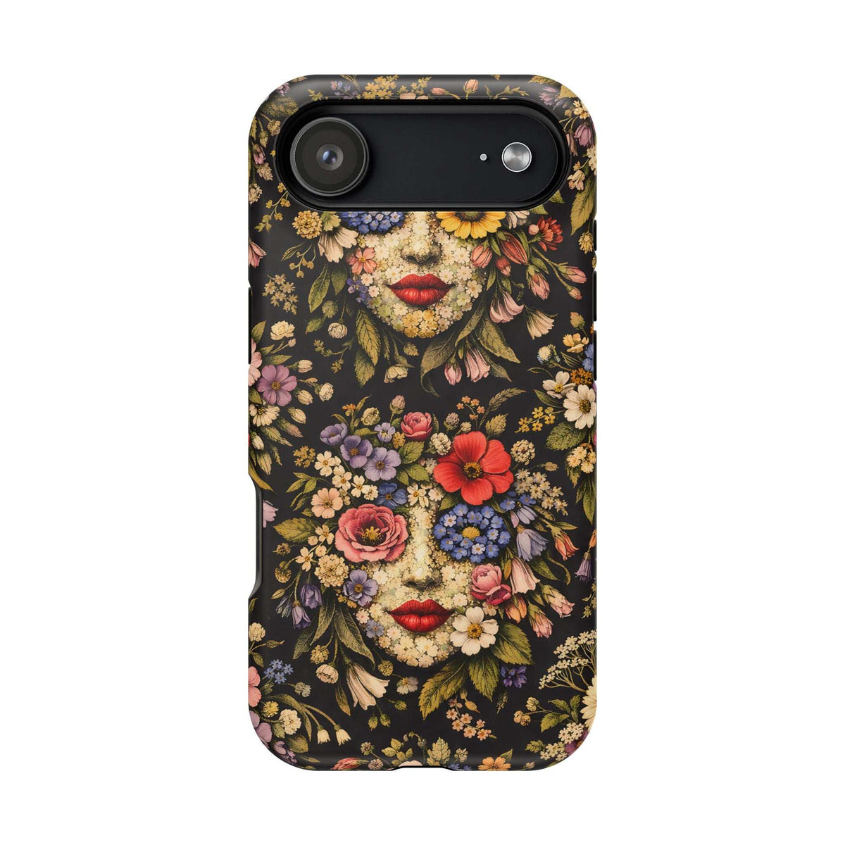 Black floral face phone case with red lips, back camera bar and flash, ornate flower pattern