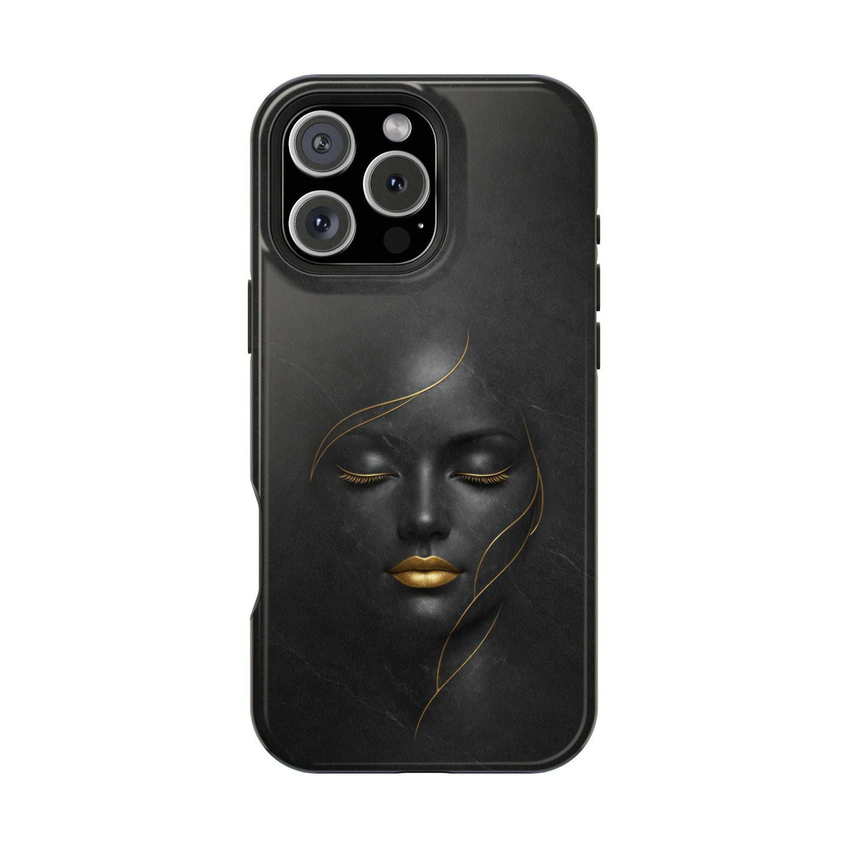 Black phone case featuring a gold closed-eye face design; camera openings visible.