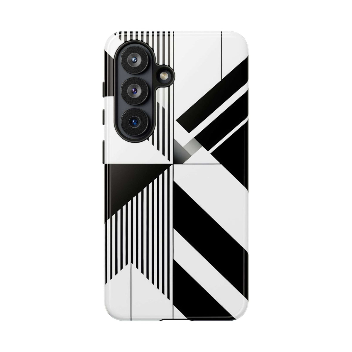 Monochrome tough phone case with geometric stripe and chevron graphics, raised camera bump