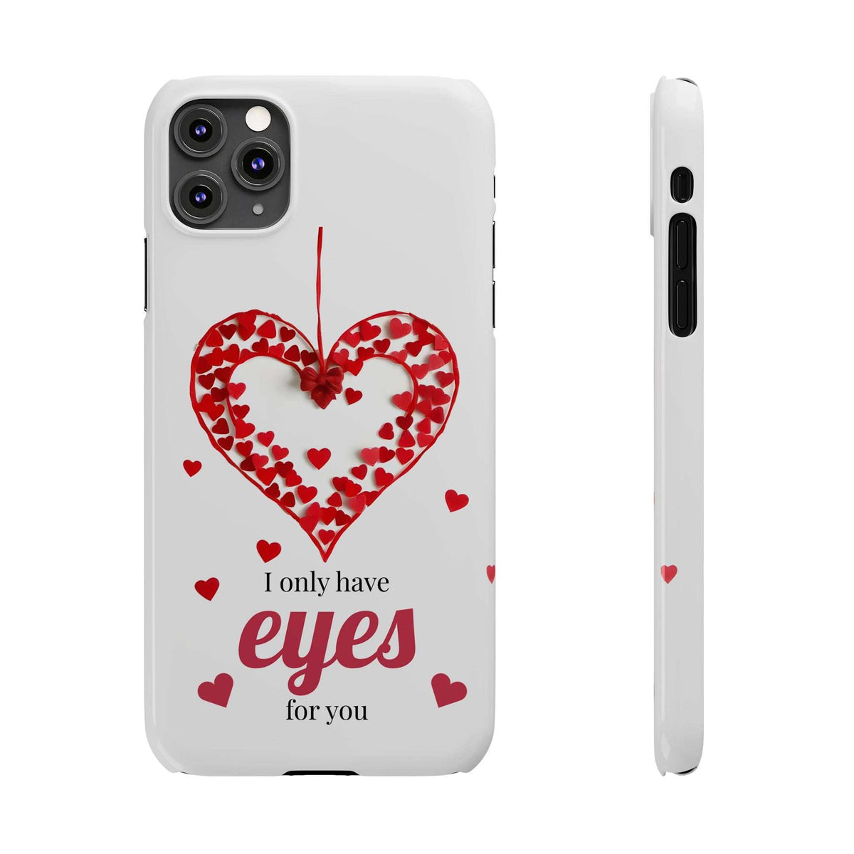 White phone case front and side view with red heart graphic and scattered red hearts