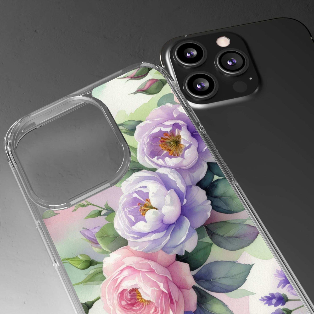 Clear floral phone case with large purple and pink peonies, transparent bumper edge