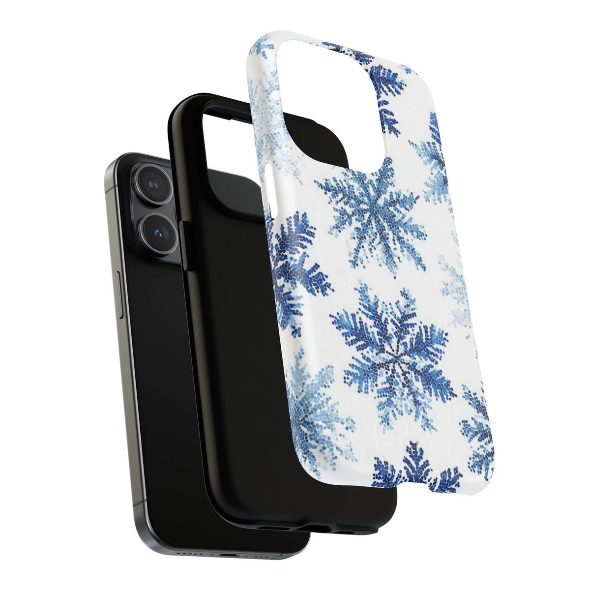 Snowflake phone case for iPhone, angled front view, white with blue snowflake print