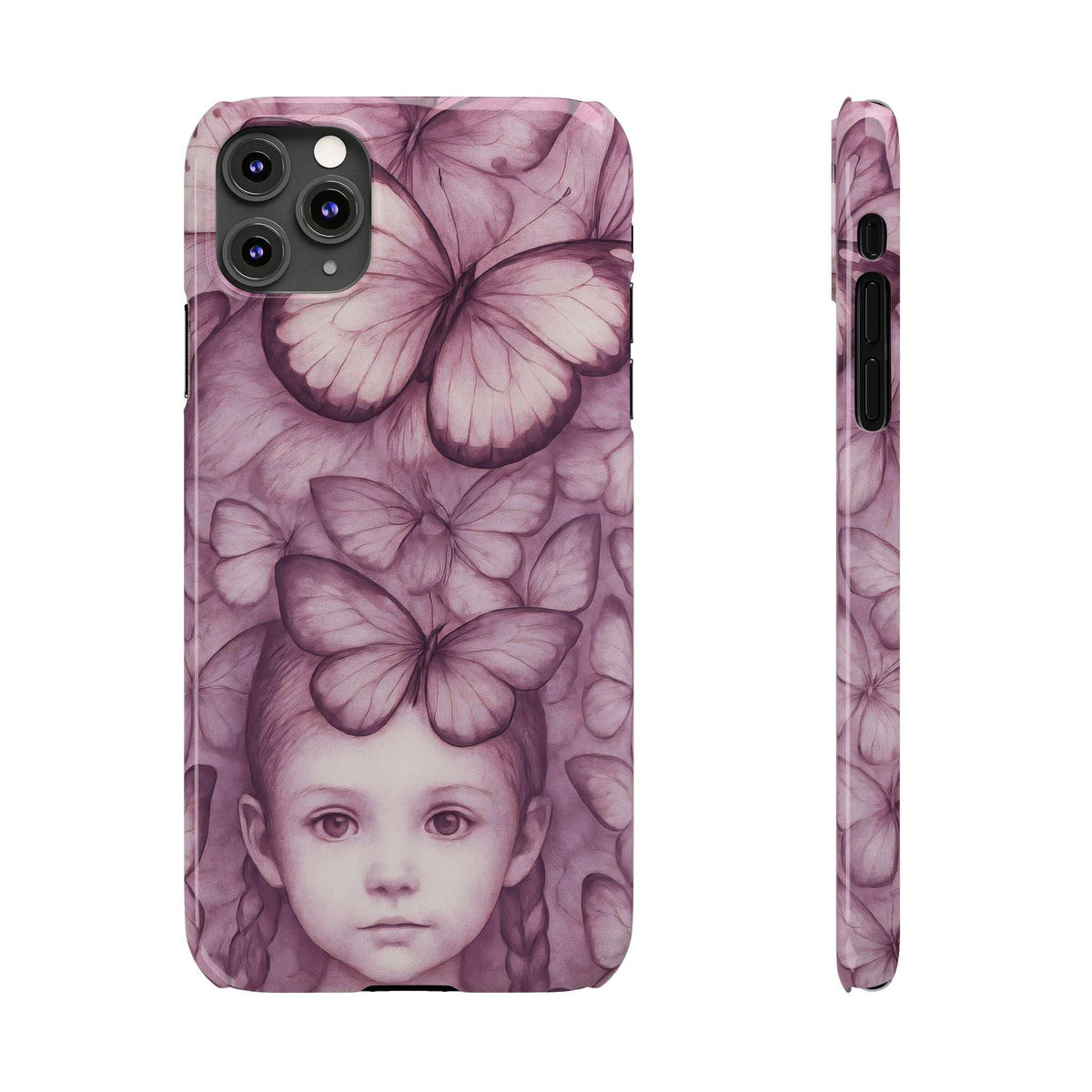 Purple phone case with butterfly and young girl portrait; cutouts for camera and ports.