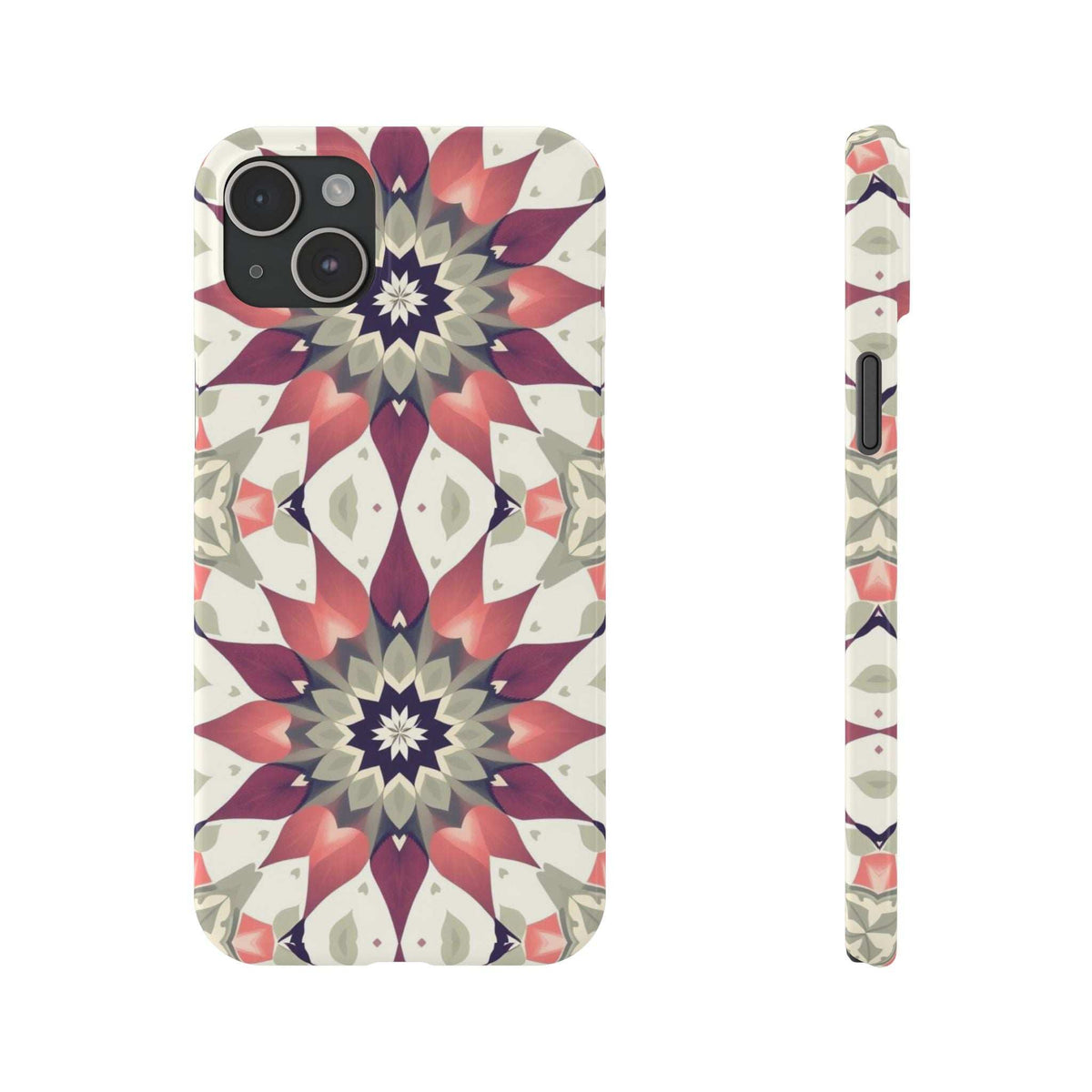 Smartphone phone case front view with burgundy mandala medallions and side button openings