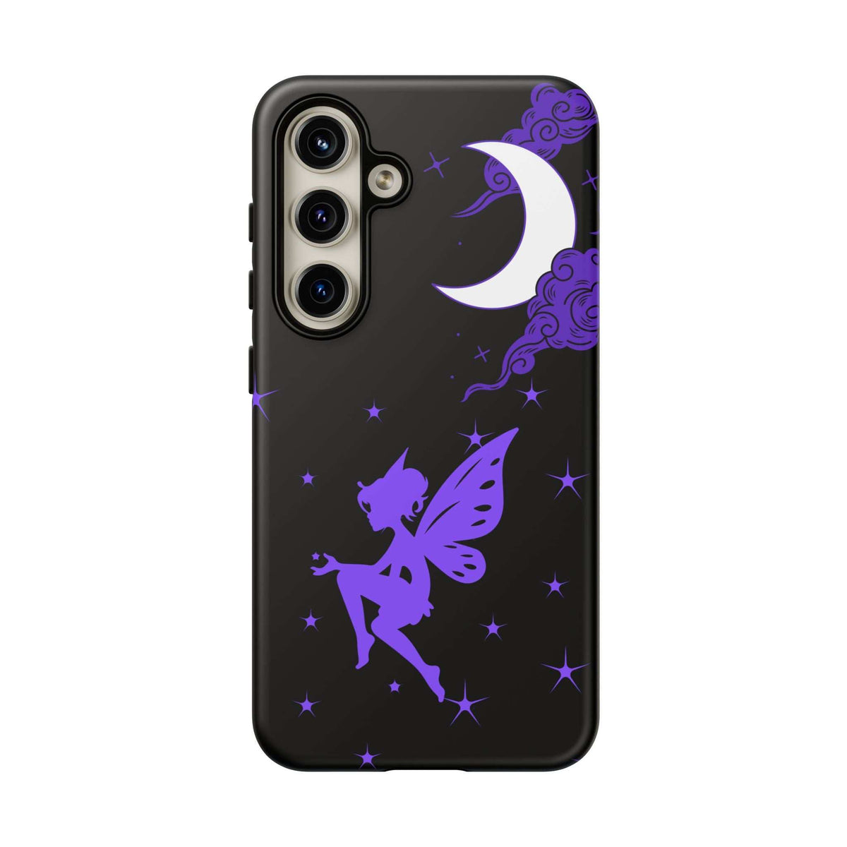 Black phone case with purple fairy silhouette, crescent moon, and purple cloud swirls