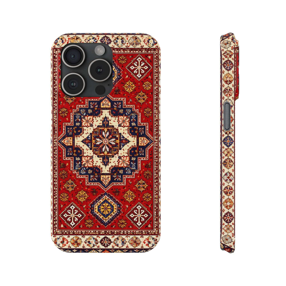 Phone case with red, blue and beige carpet mosaic design; front camera cutouts and side