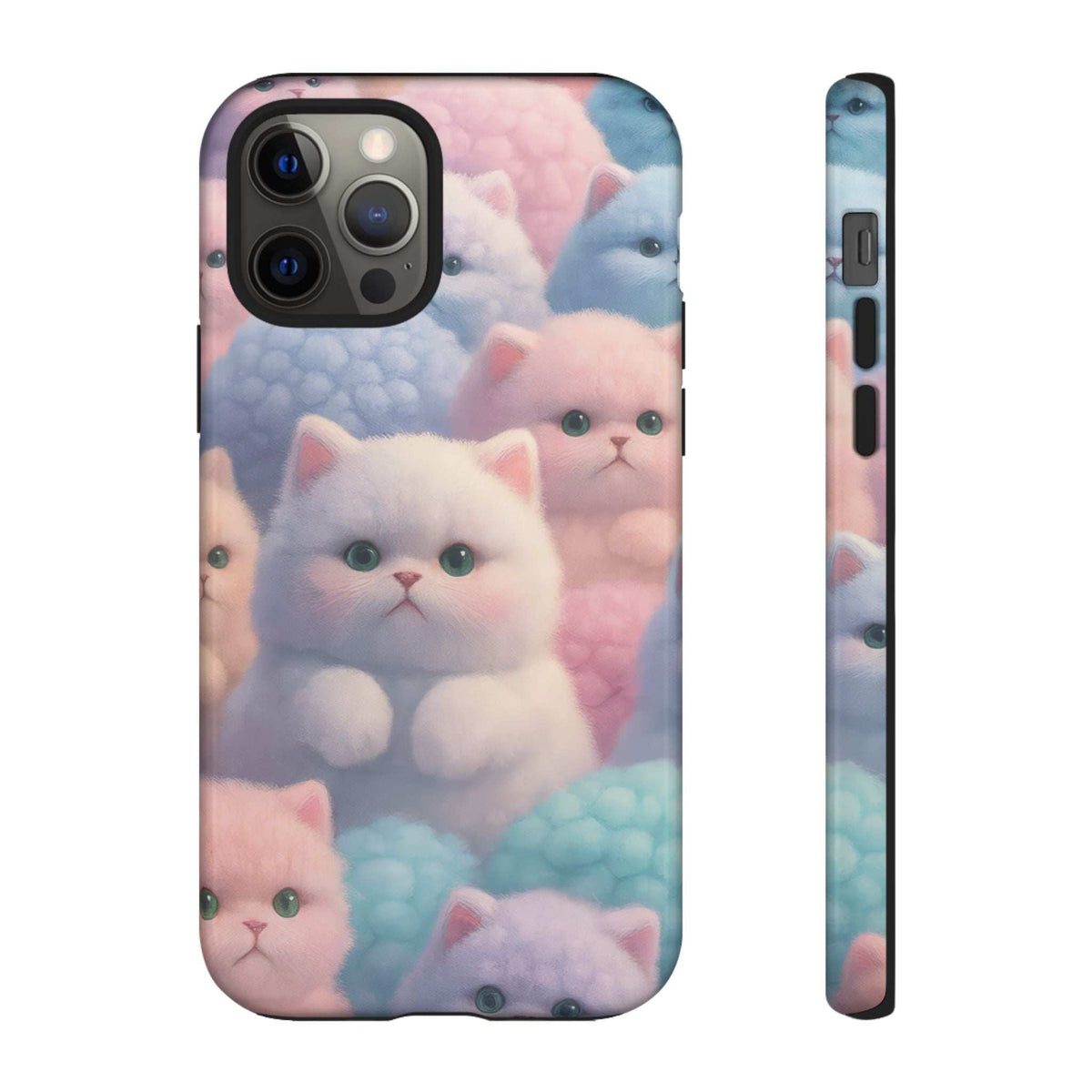 Glossy pastel kitten phone case showing cats pattern with back camera lens cutout