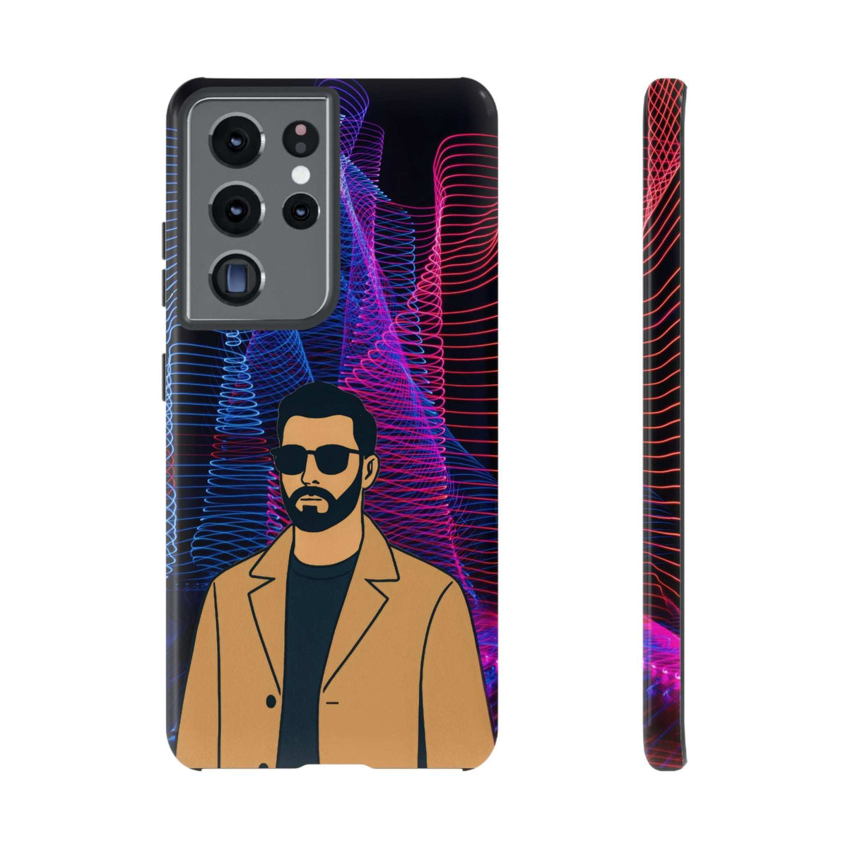 Glossy phone case with bearded man graphic, neon blue and pink light lines, raised camera lenses