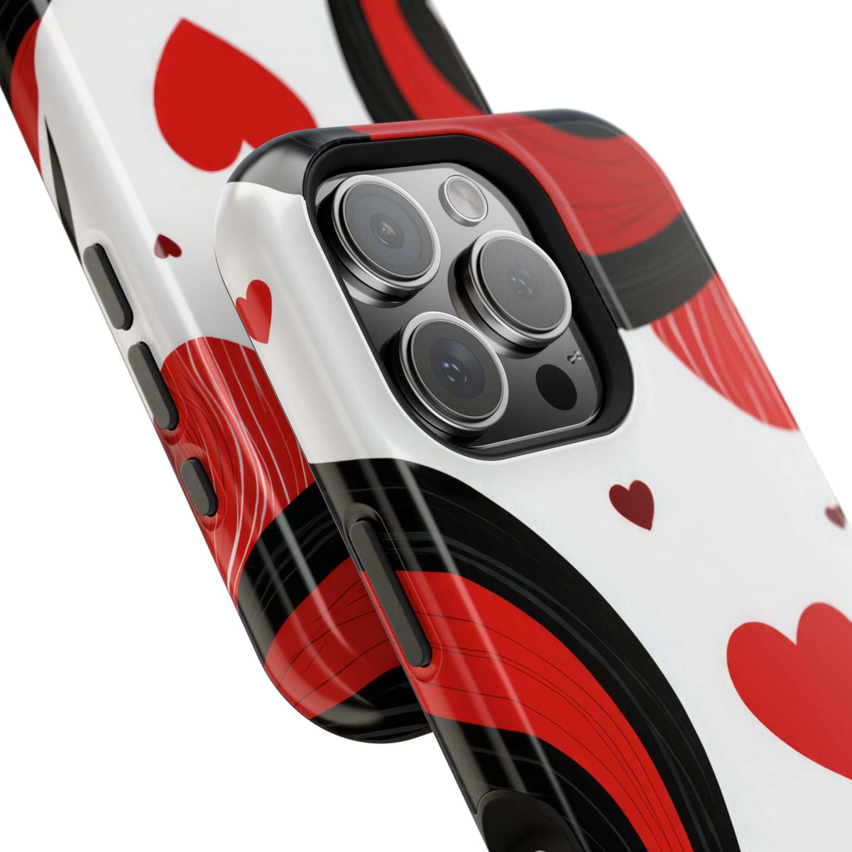 Phone case front corner view with triple camera cutout and red heart wave design on white.