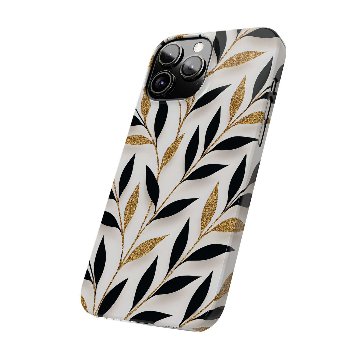 Side view of white botanical phone case with black leaves and gold glitter accents