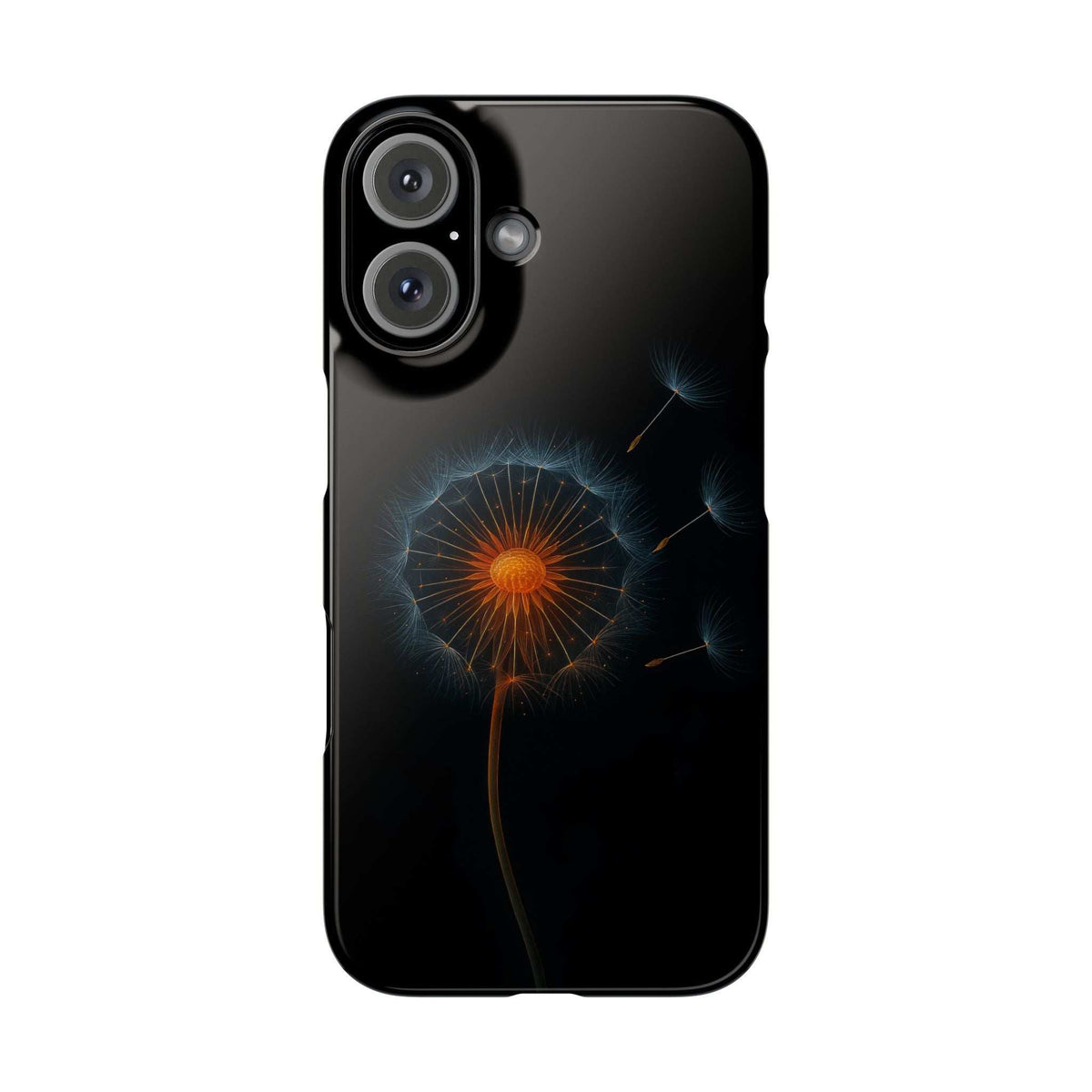 Black phone case with glowing dandelion illustration and camera openings on top left