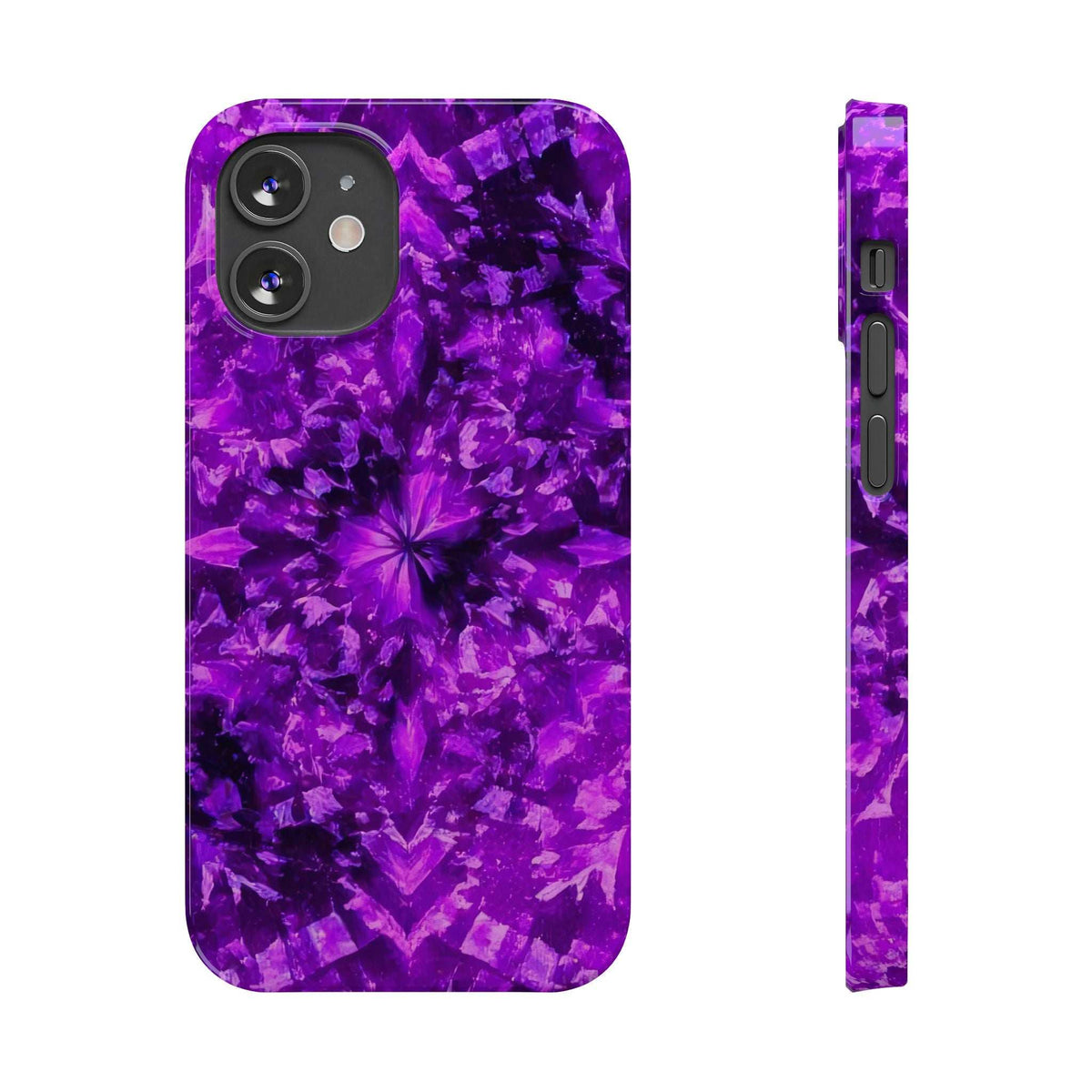 Purple kaleidoscope phone case with floral starburst pattern; camera cutouts on back