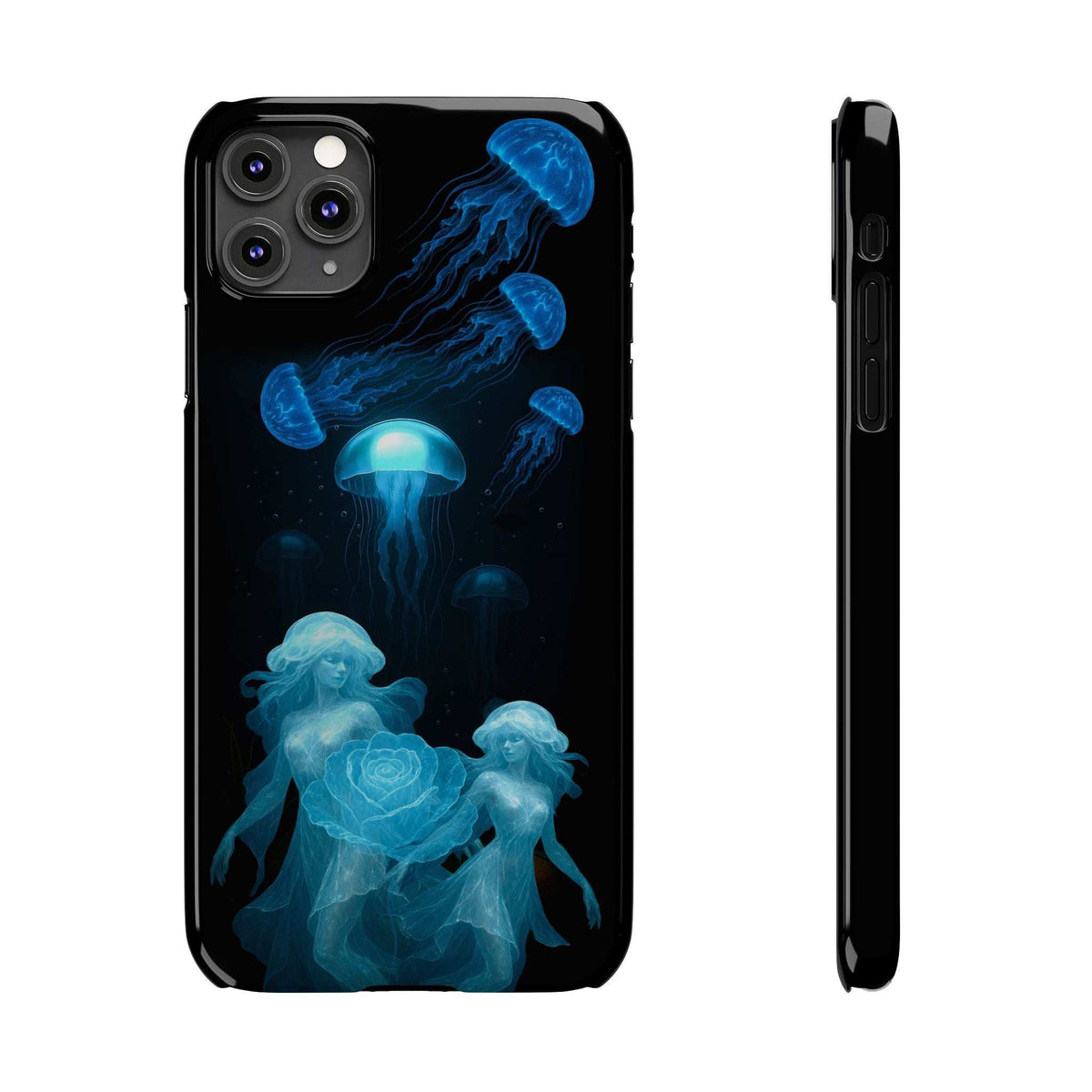 Black phone case with blue jellyfish and glowing rose design, shown from the side