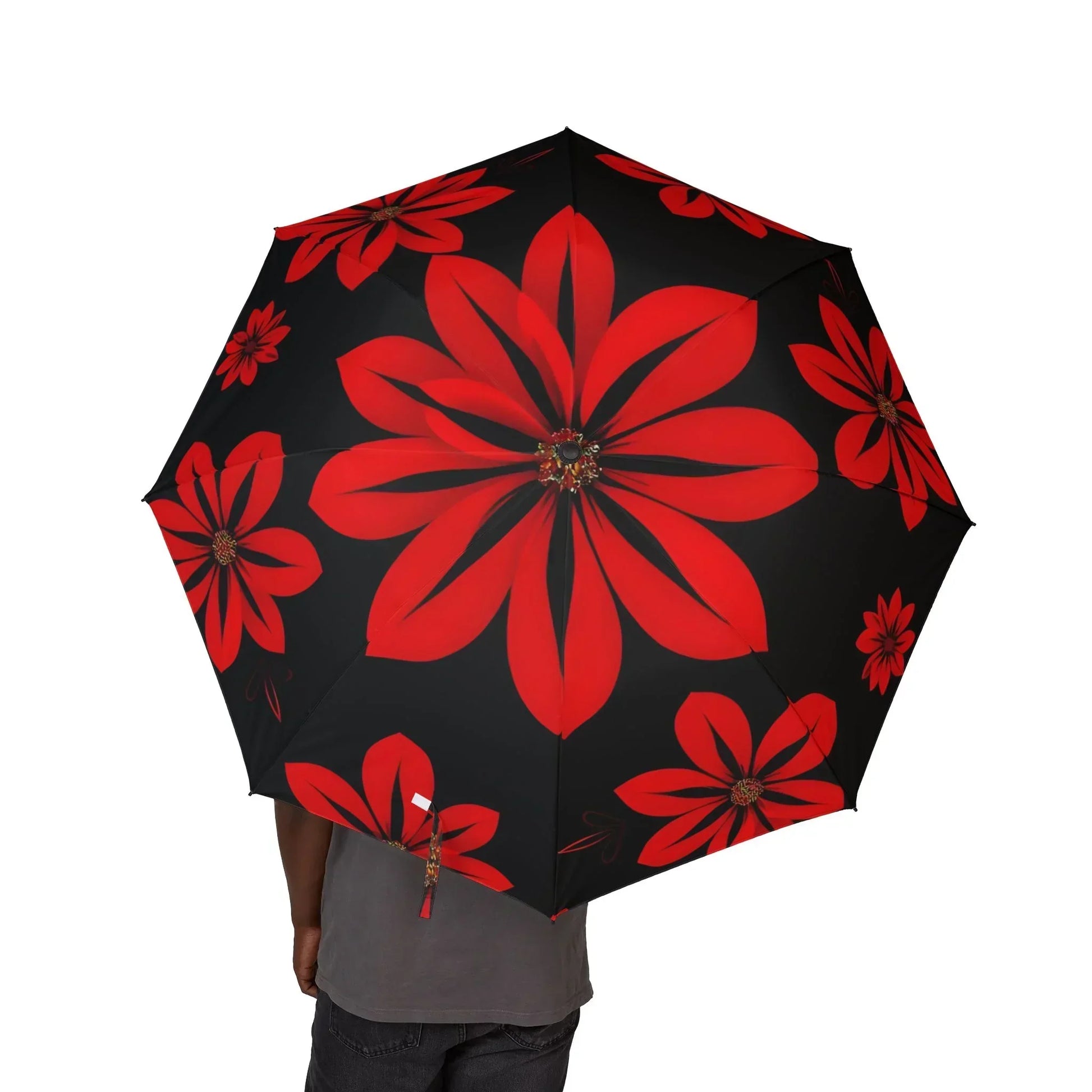 Vibrant Red Floral Design Elegant Semi-Automatic Foldable Umbrella - KarArmDesign