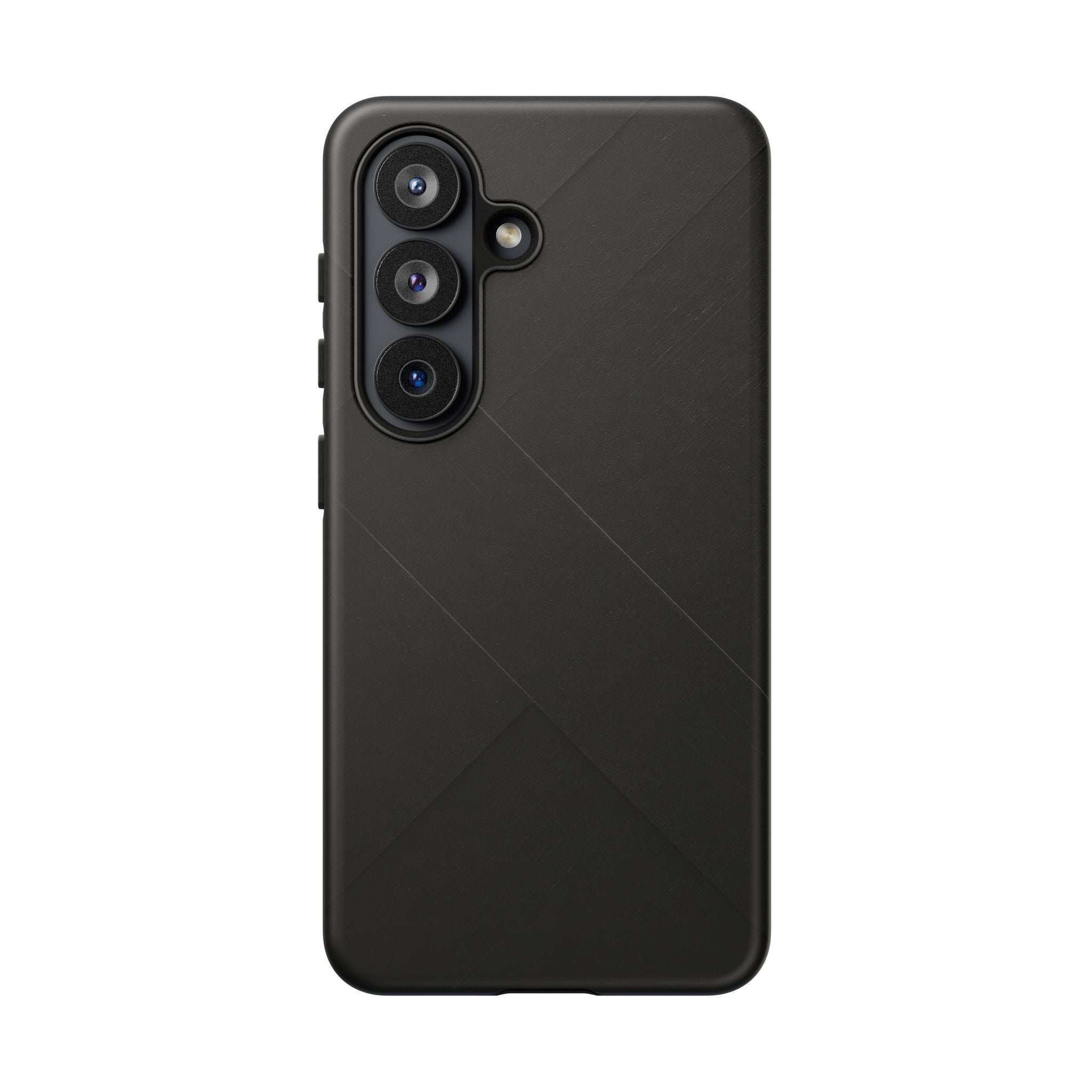 Matte black phone case with diagonal line pattern and dual camera cutouts