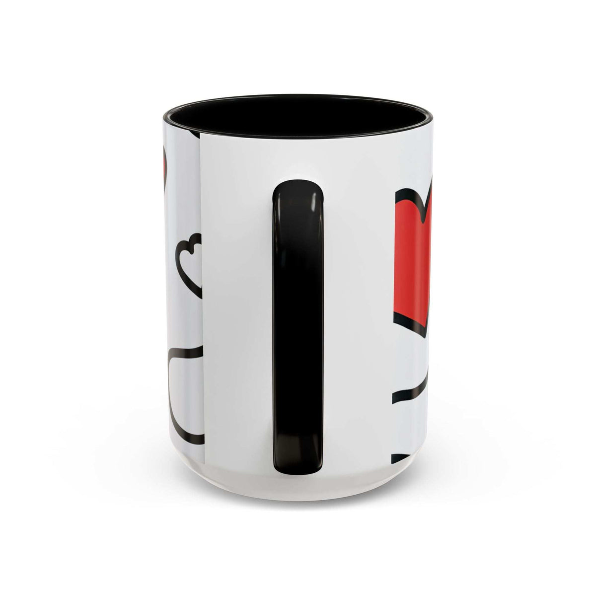 Accent coffee mug with black interior and handle, white body, tall black stripe heart design.