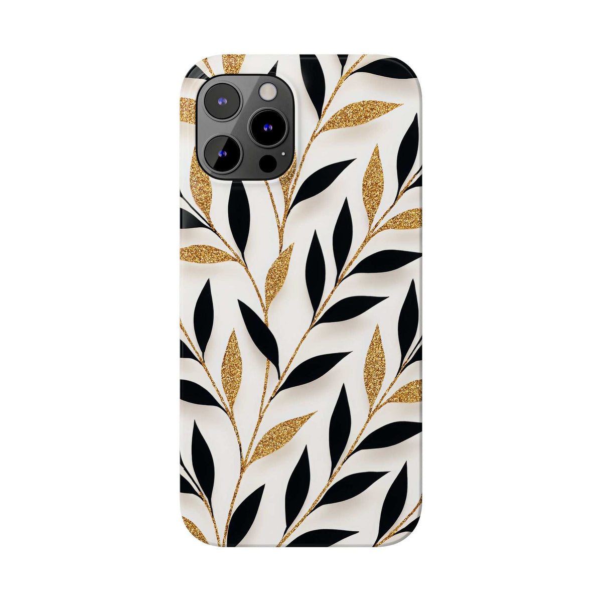 iPhone phone case with gold leaf botanical leaves on a white background