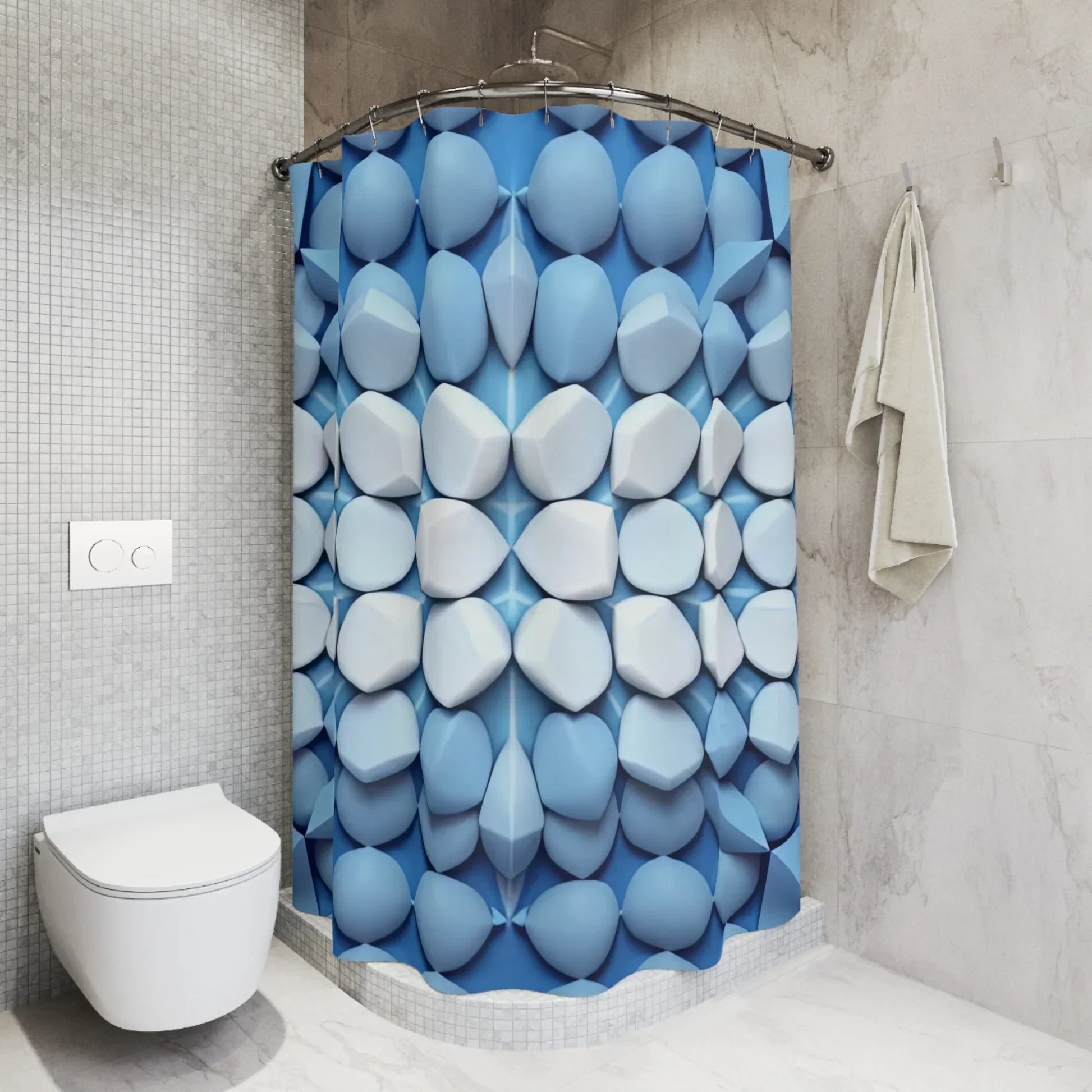 Blue & White 3D Geometric Shower Curtain – Modern Bathroom Accent - KarArmDesign