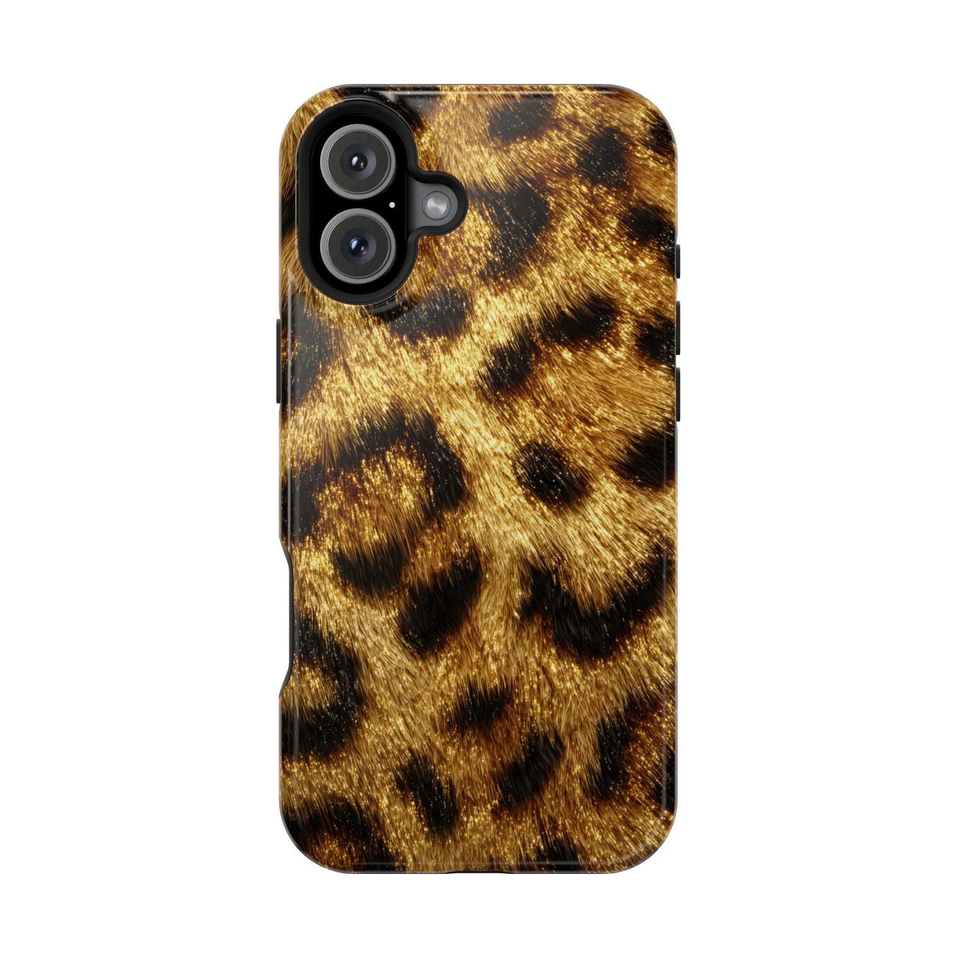 Glossy leopard print phone case in gold and black spots, with multi-lens camera cutout.