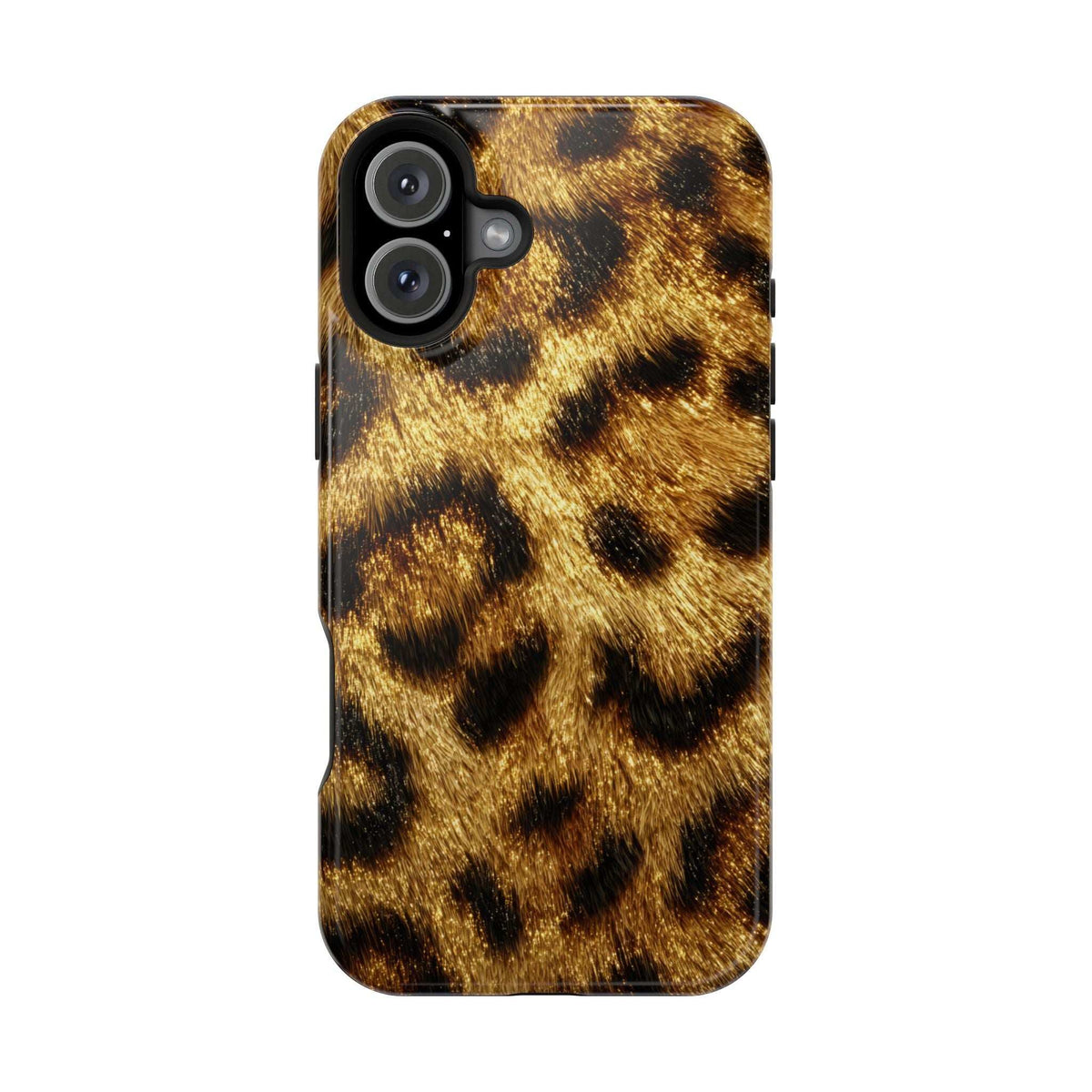 Glossy leopard print phone case in gold and black spots, with multi-lens camera cutout.