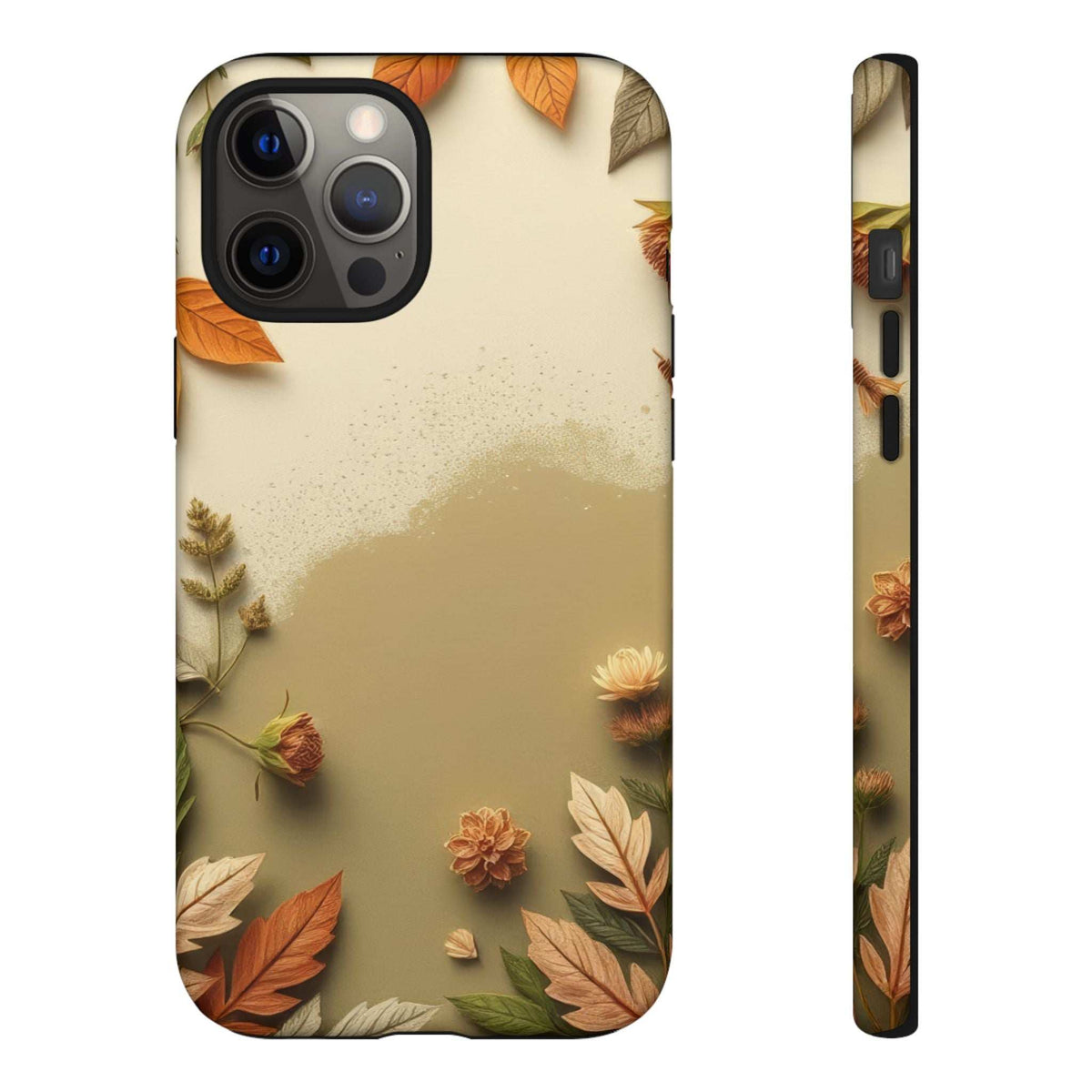 Autumn leaf phone case front and side view, beige leaf pattern with orange leaf edges