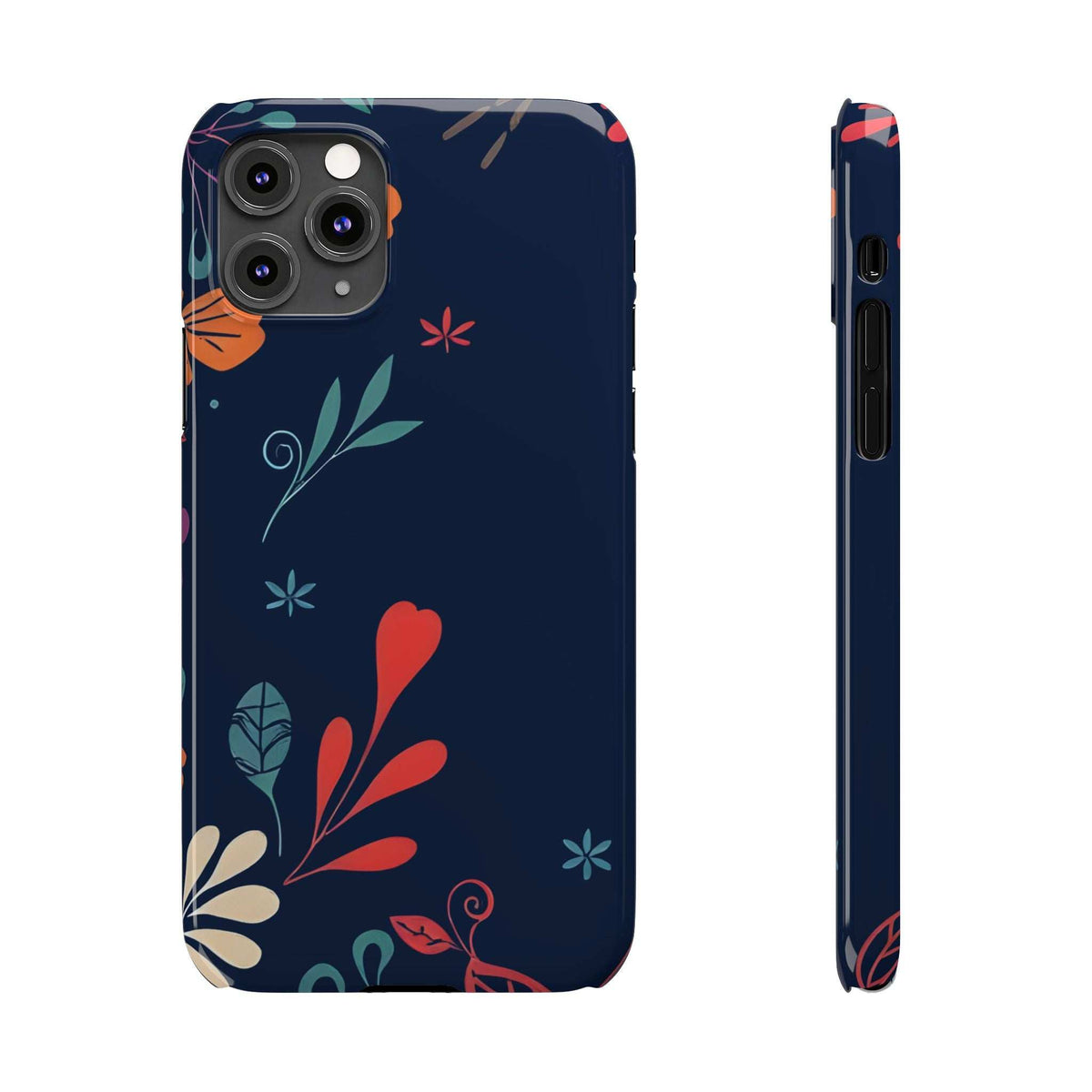 Navy phone case with red heart and colorful foliage print, multiple camera cutouts and side ports