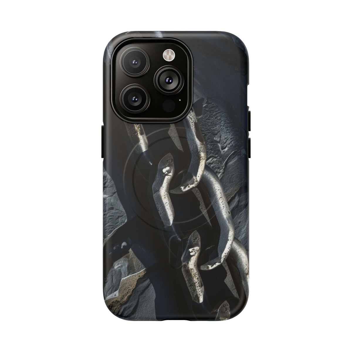 Black hard magnetic phone case with iron chain graphic and raised camera cutouts