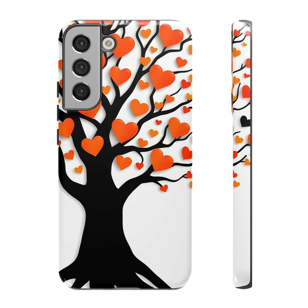 Phone case with heart tree illustration and orange heart clusters around branches
