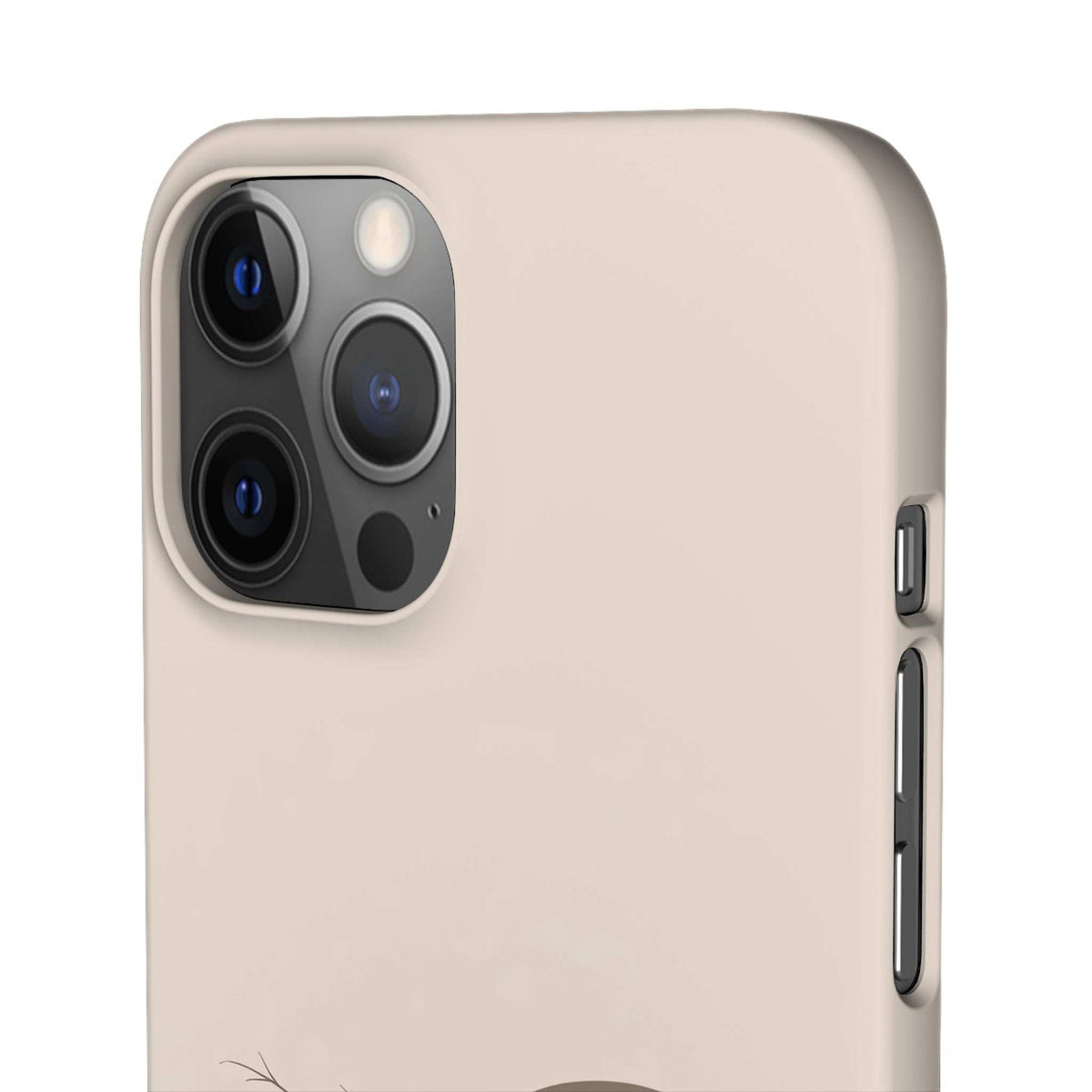Beige phone case with gray camera panel, rounded corners, and side button openings