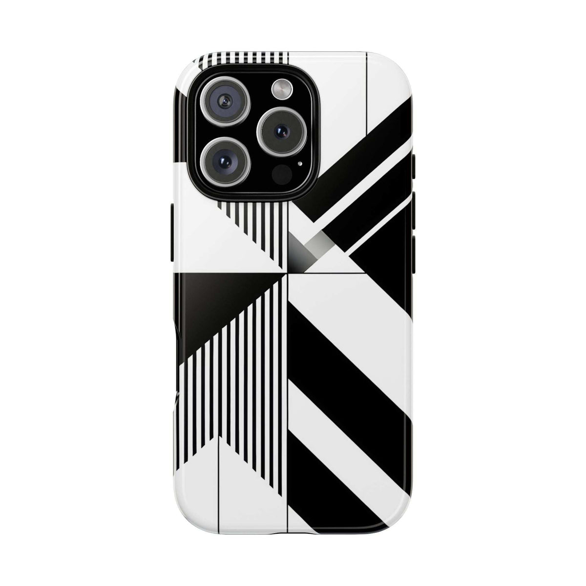 Tough phone case with monochrome geometric pattern and four-lens camera module cutout
