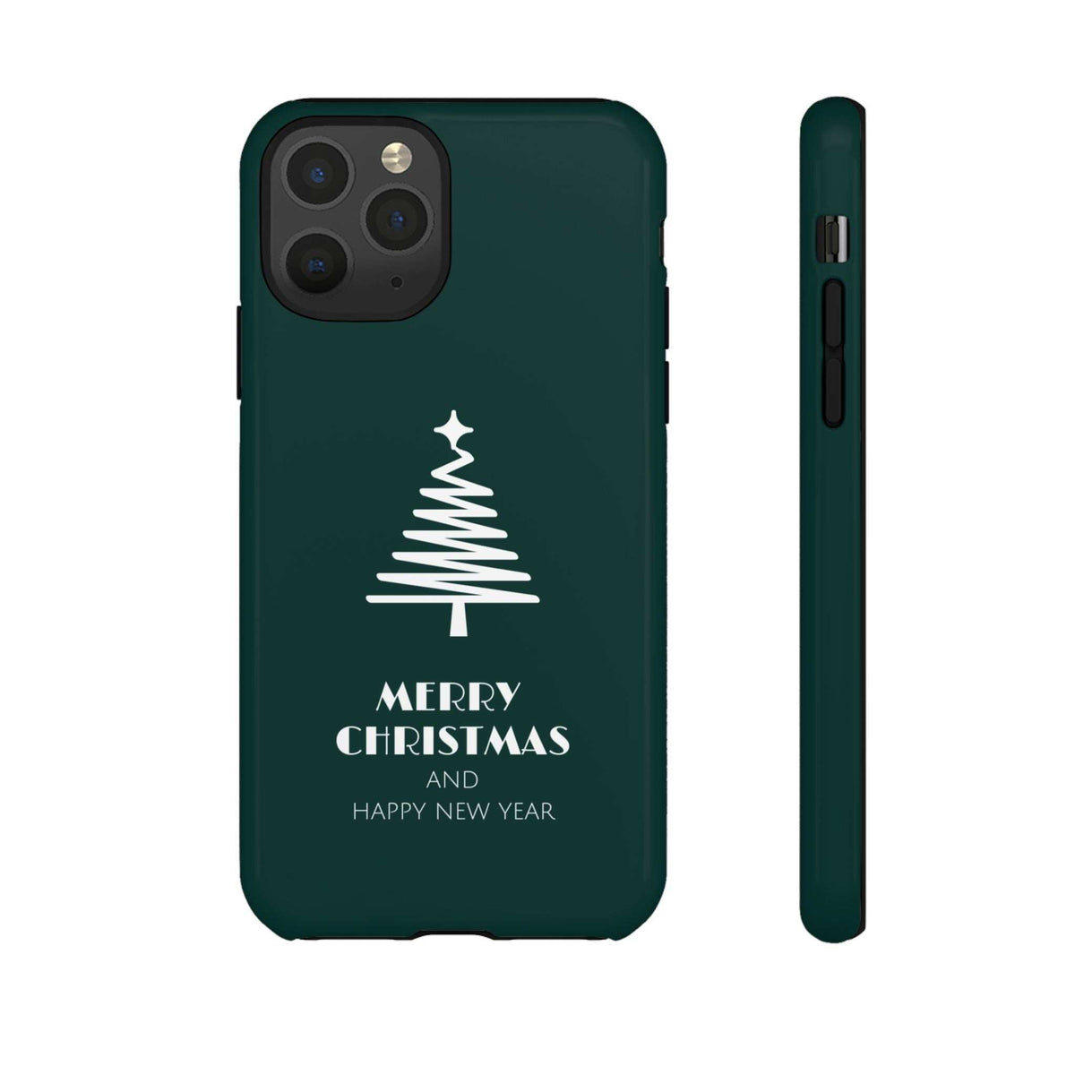Glossy green Christmas phone case back view with white tree and 'Merry Christmas' wording