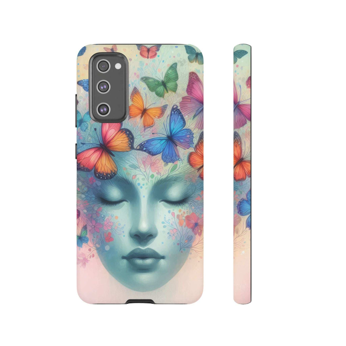Phone case with pastel butterfly theme and a face illustration, camera module protected