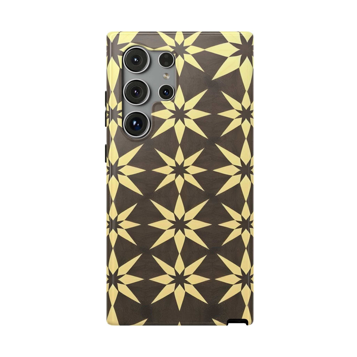 Phone case with geometric star pattern in black and gold; quad-camera layout visible.