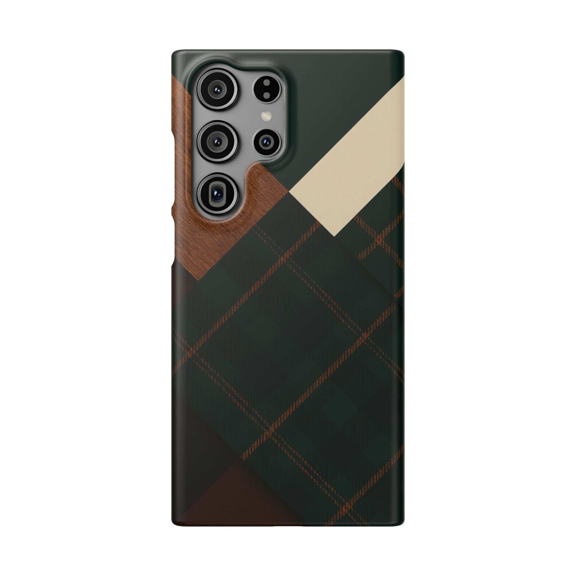 Green plaid phone case with tan diagonal stripe and brown patch, multi-lens rear camera openings